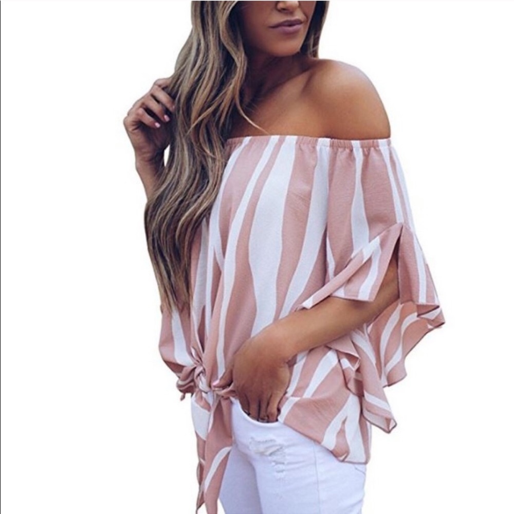 ❣️SALE❣️ 🆕 S/M Pink & White Off-the-Shoulder Top - Picture 3 of 14